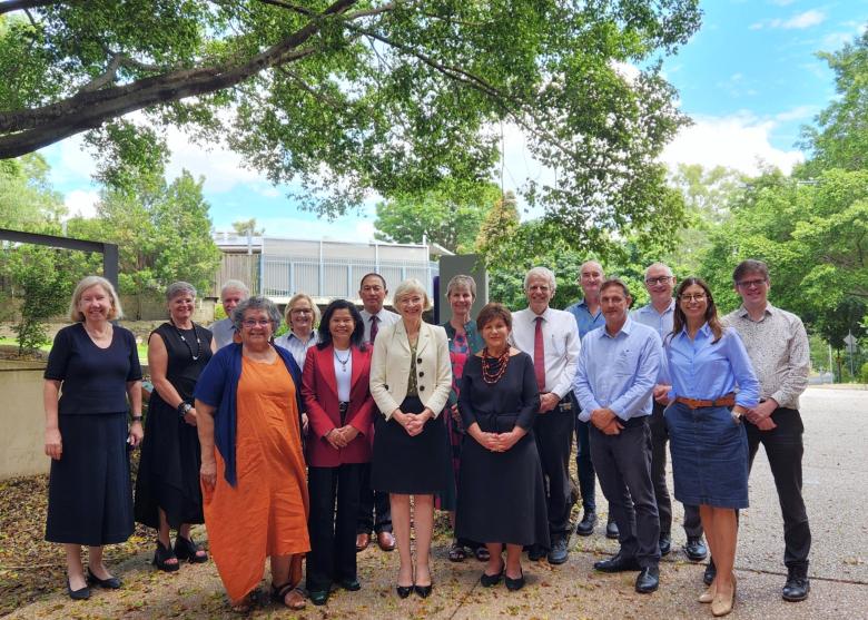 Group photo of FNUniv President along with members of the UQ Senior Executive Team (USET) and UQ Professor of Indigenous Education.
