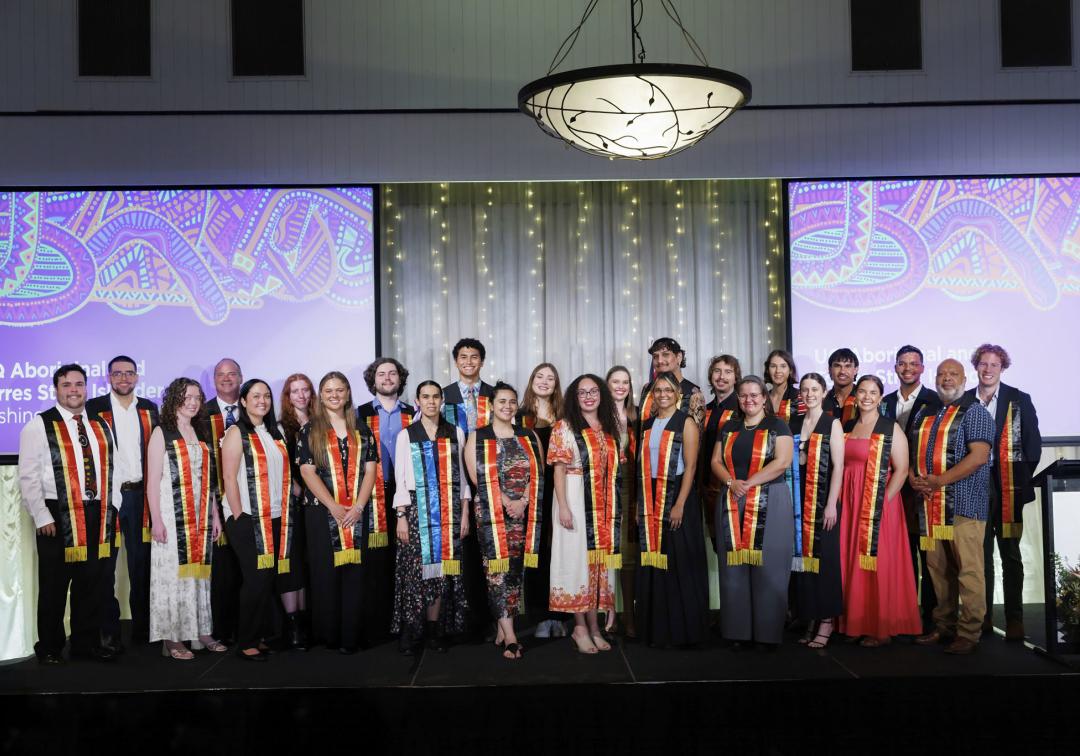 2024 UQ Indigenous graduates with Aboriginal and Torres Strait Islander Sashes 