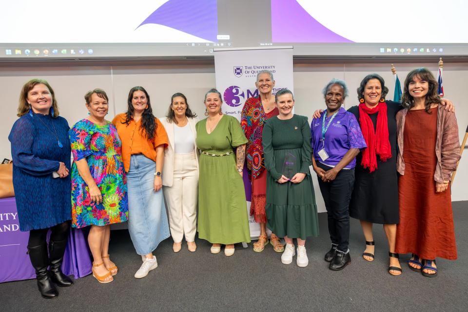 Mary Waria from the Graduate School and Indigenous 3MT participants with the lead organiser Associate Professor Levon Blue