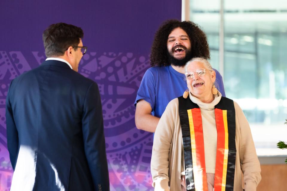 Aunty Jacqui and her nephew at the 2025 Aboriginal and Torres Strait Islander Sashing Ceremony