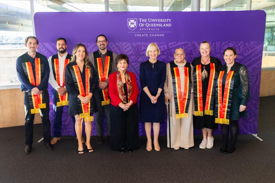 The graduates at the 2025 Aboriginal and Torres Strait Islander Sashing Ceremony with DVCIE Professor Bronwyn Fredericks and VC Professor Deborah Terry
