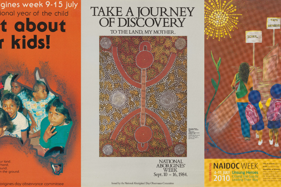 Three of the five NAIDOC posters featured in the UQ Poster Audio Tour, each representing a milestone in UQ’s Reconciliation Action Plan journey and inviting reflection on truth, progress, and Indigenous leadership.