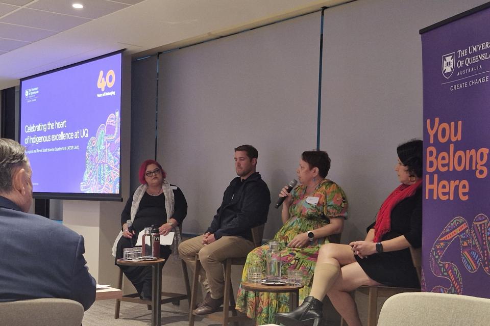 Four panellists seated together at UQ Talks: Building bright futures through cultural strength — Cassandra Diamond, Keiron Lander, Antoinette Cole, and Rhiannon Moreton.