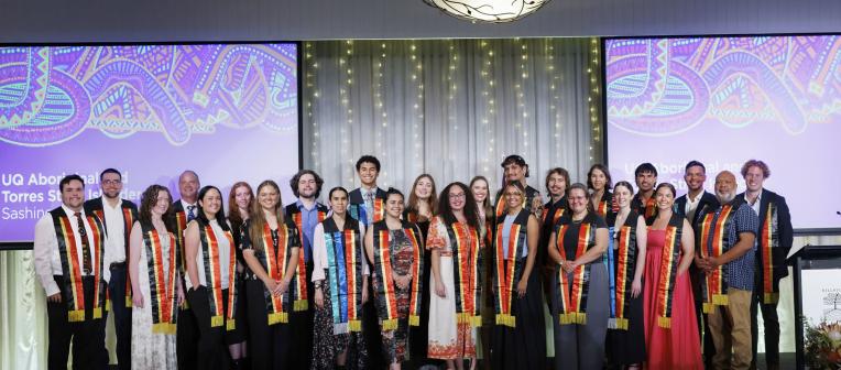 2024 UQ Indigenous graduates with Aboriginal and Torres Strait Islander Sashes 