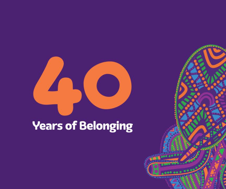 Colourful artwork featuring the Brisbane river and various Indigenous tools, with text overlaid saying '40 Years of Belonging'.